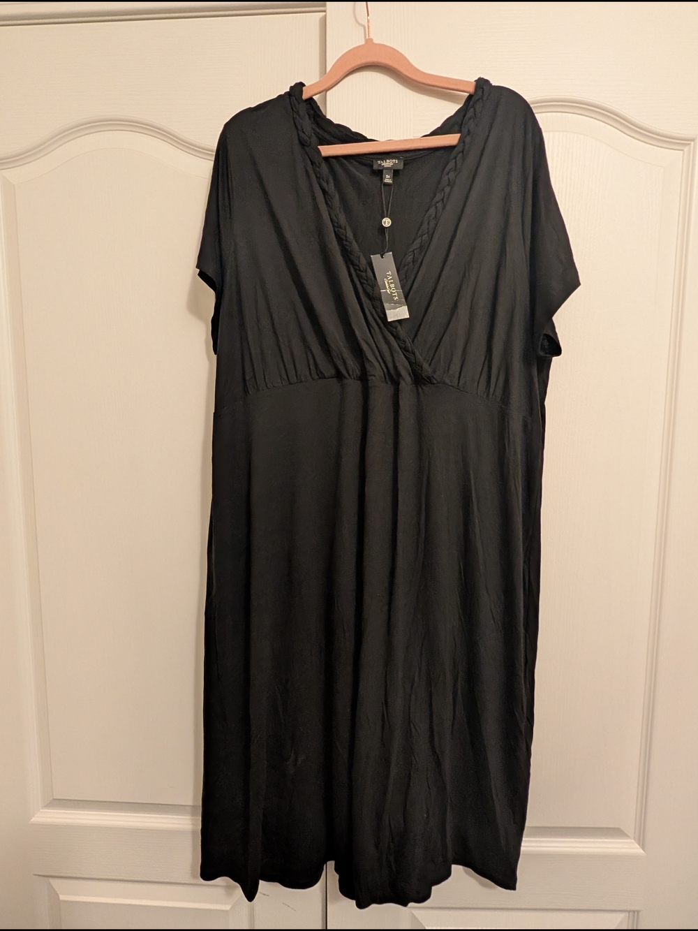 Talbots Black V-Neck Midi Dress with Braided Trim